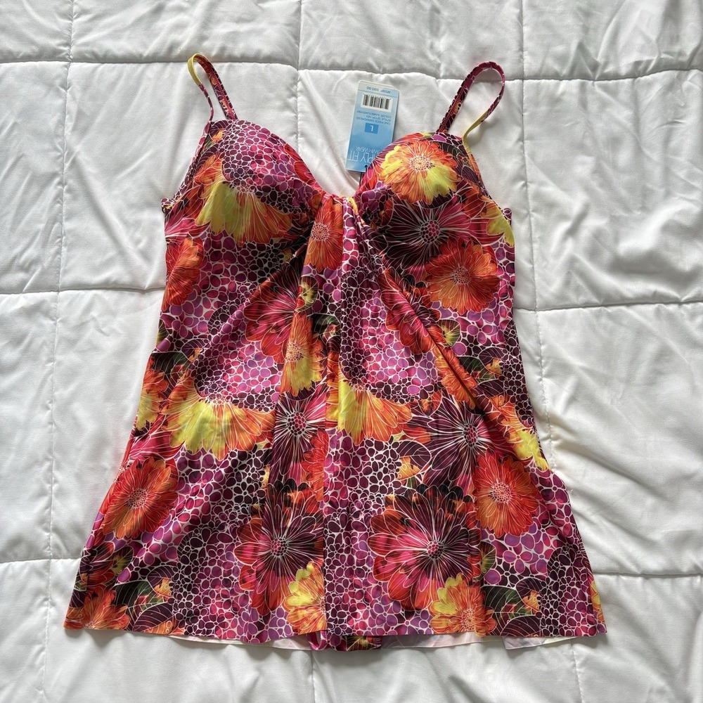 NWT Simply Fit Tropical Tankini Top Swimsuit Womens‎ Large Floral Pink Feminine